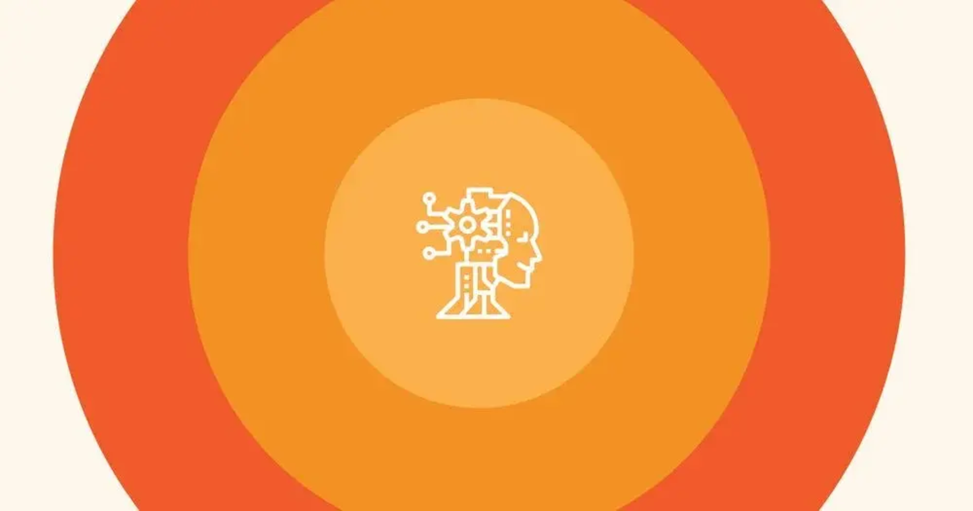 AI head with circuitry brain and gear, on concentric orange and yellow circles.