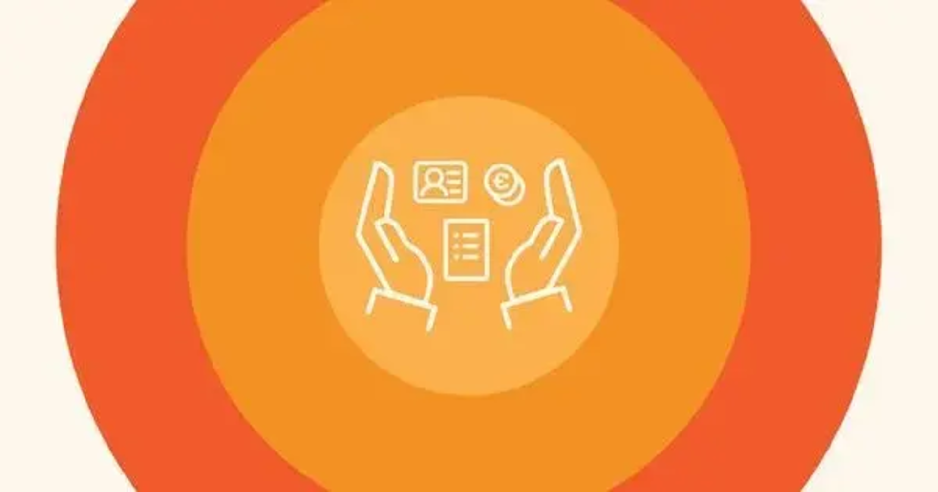Hands protecting identity card, document, and euro coins on a radiating orange background.
