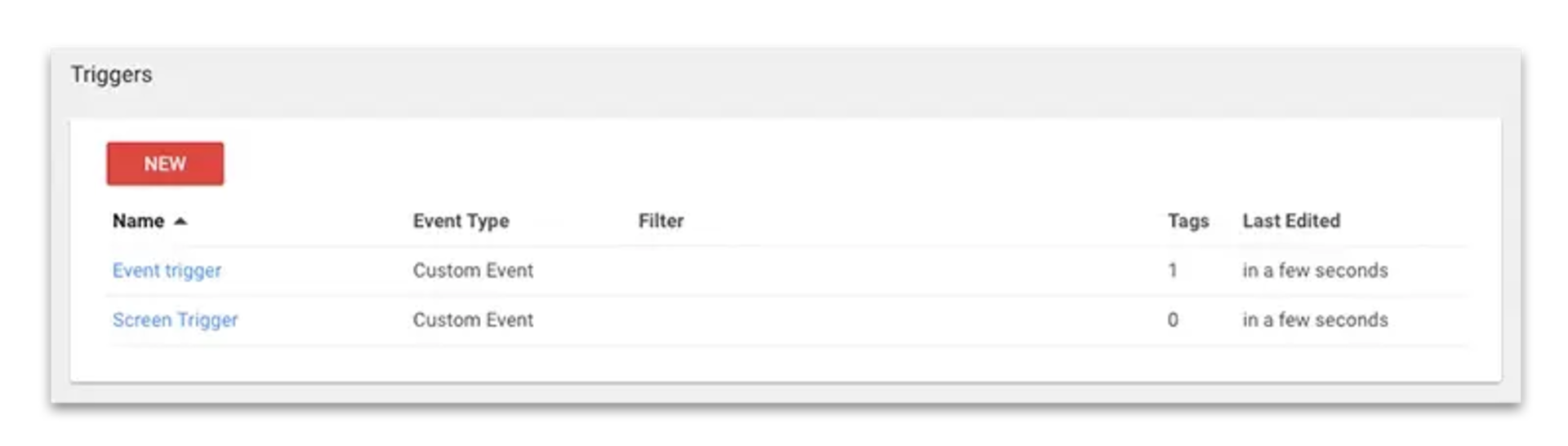 GTM screenshot, list of triggers
