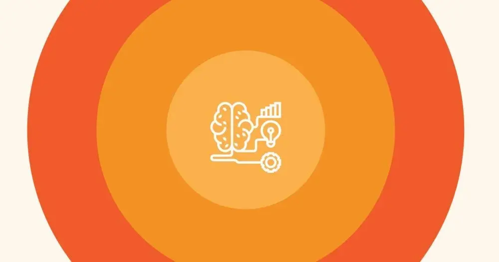 White outline icon of a brain connected to a lightbulb, bar chart, and gear on orange circles.