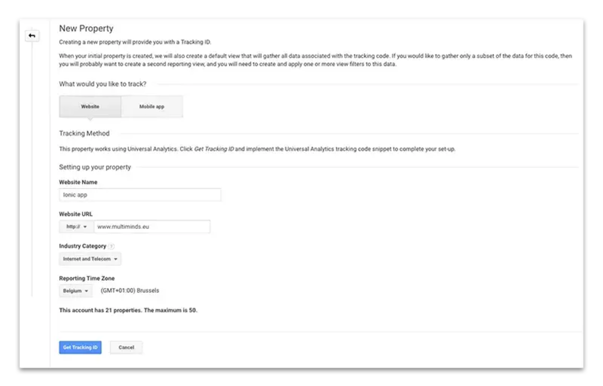 GA screenshot, create new property