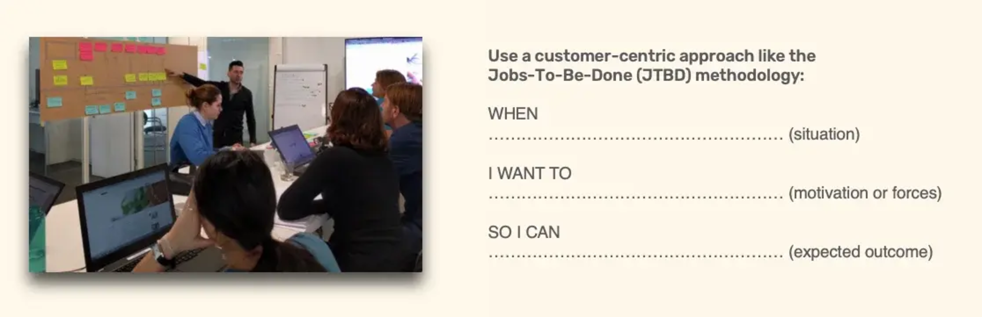 Team meeting with a presenter pointing to a kanban board, and attendees working on laptops.