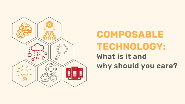 Hexagonal icons representing API, data, cloud, search, ideas, gears, and servers; "Composable Technology" title.