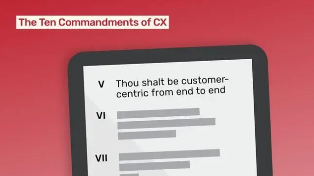 Tablet displaying "The Ten Commandments of CX," with the fifth commandment visible: "Thou shalt be customer-centric from end to end".