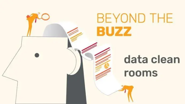 Two figures analyze data emerging from a large head, with text "BEYOND THE BUZZ data clean rooms."