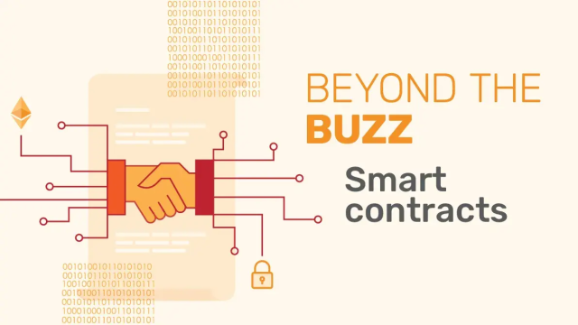 Blockchain smart contract negotiation with Ethereum, binary code, and padlock security.