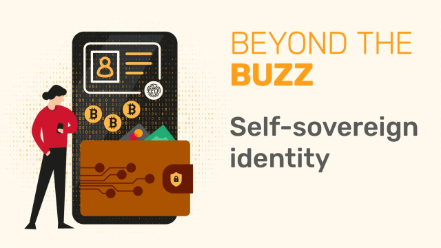 Person with phone next to a digital ID on a screen, cryptocurrency, and a wallet, illustrating self-sovereign identity.