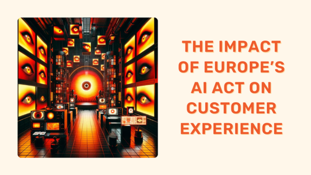 Orwellian surveillance room with glowing eyes on screens, representing AI monitoring customer experience.