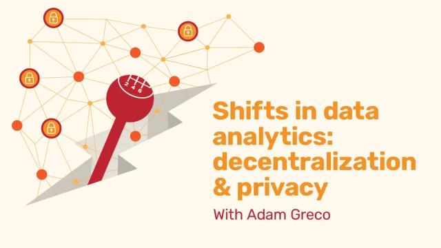 Decorative. A red gear shift and network of nodes with padlock icons above text "Shifts in data analytics: decentralization & privacy".