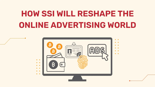 Monitor displaying icons for wallet, cryptocurrency, identity card, fingerprint, and online ads.