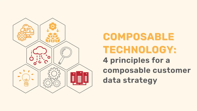 Composable Technology: 4 principles for customer data strategy, with icons for API, modularity, cloud, search, ideas, gears, servers.