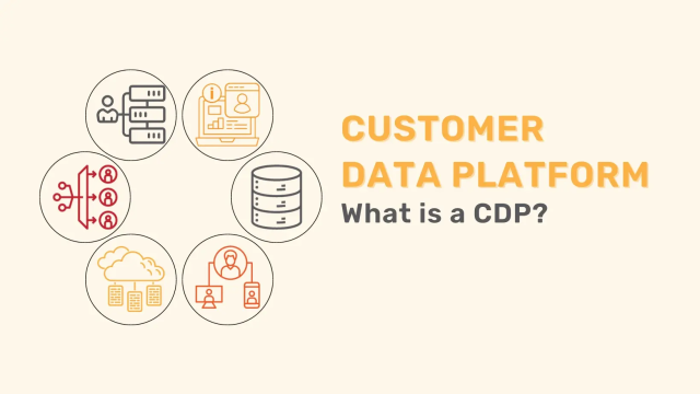 Illustrates Customer Data Platform (CDP) with icons for server, laptop, database, cloud, users, and data flow.