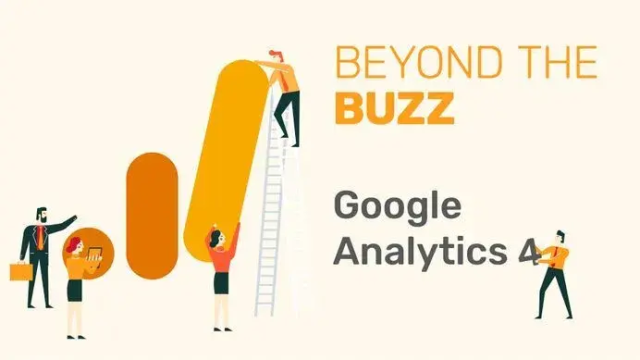 Team building a Google Analytics 4 logo, with text "Beyond the Buzz."