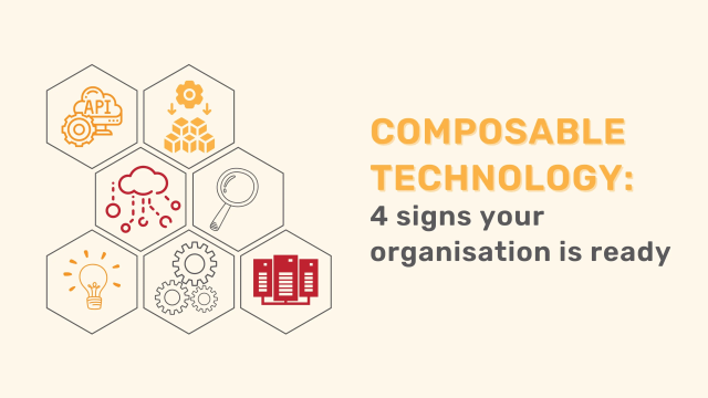 Infographic: Composable technology signs with icons for API, modularity, cloud, insights, innovation, and servers.