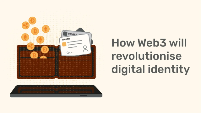 Digital wallet with ID cards and cryptocurrency coins emerging from binary code.